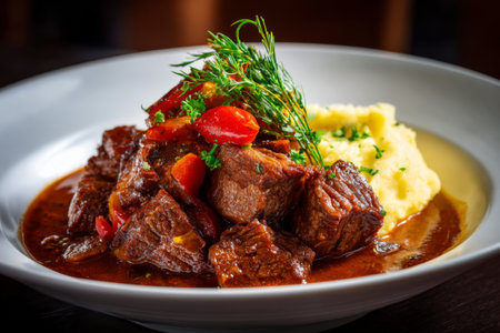 Tender beef chunks are simmered in rich sauce and served with creamy mashed potatoes. Fresh herbs and vegetables add color and flavor to this hearty dish.の素材