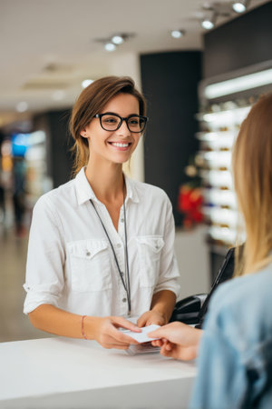 A smiling customer service representative assists a client at a retail store. The representative wears glasses and a white shirt, ready to provide excellent service.の素材