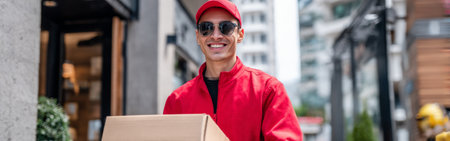 A cheerful delivery person in a red jacket and cap holds a package in a bustling urban environment. Modern buildings and people in the background add to the lively scene.の素材