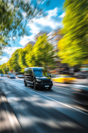 A delivery van speeds along a bustling city road lined with trees and buildings. Sunlight shines brightly, creating a dynamic and energetic atmosphere.の素材