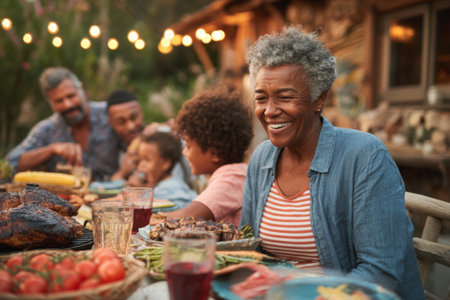 A joyful family enjoys a meal together outside during the evening. Laughter fills the air as they share food and stories at a cozy backyard setting with warm lights.の素材
