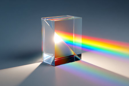 A glass prism sits on a flat surface as sunlight enters one side and exits the opposite side, forming a vibrant rainbow. The reflections create a striking contrast against the background.の素材