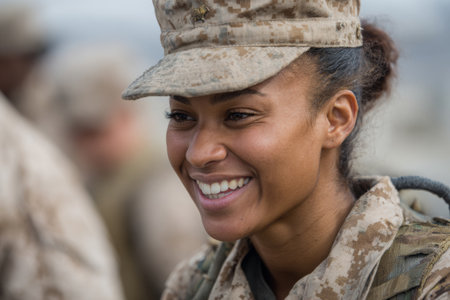 A soldier shows a joyful smile while engaging with other military personnel during an outdoor training session. The bright afternoon sun highlights their camaraderie and dedication.の素材