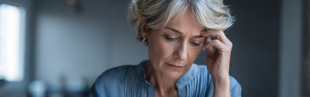 A woman with short, light hair looks down thoughtfully while seated in a softly lit room. She seems to be pondering a significant issue during twilight hours.の素材