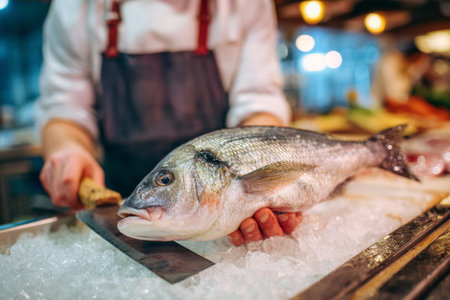 A chef holds a whole fish over a bed of ice in a lively seafood market. Bright kitchen lights illuminate the area as other chefs prepare various dishes nearby.の素材