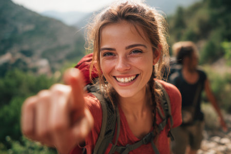A young woman with a bright smile stands in the foreground of a mountain trail. She has a backpack and is pointing playfully at the camera, with friends hiking nearby.の素材