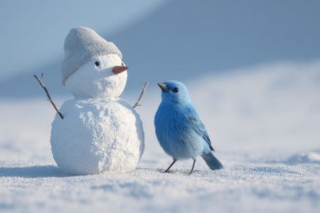 A small blue bird is close to a cute snowman wearing a gray hat. The scene is covered in fresh white snow, illuminated by soft sunlight during wintertime.の素材
