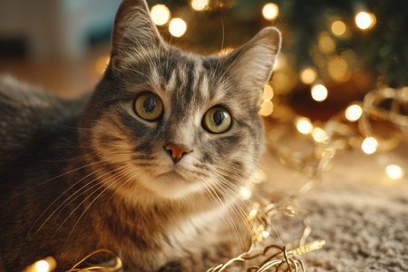 A playful gray cat with large eyes relaxes on a soft surface, surrounded by warm glowing lights. The scene creates a warm and festive atmosphere perfect for wintertime.の素材