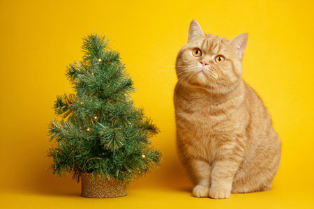 An adorable orange cat sits beside a small decorated Christmas tree. The vibrant yellow background adds a cheerful vibe, perfect for the holiday season.の素材