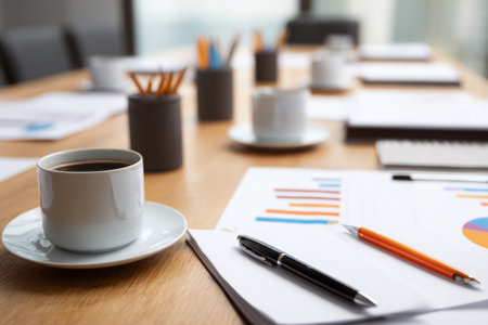 A meeting room features a wooden table with several coffee cups, charts, pens, and documents. Office supplies are neatly arranged, suggesting an active business meeting is taking place.の素材
