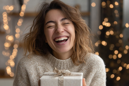 A woman is smiling brightly while holding a beautifully wrapped gift in her hands. Soft warm lights create a cozy atmosphere in the background, adding to the festive feel.の素材