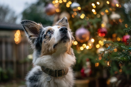 A border collie with striking blue eyes looks up at a decorated Christmas tree in a warm garden. The scene is illuminated by colorful lights, creating a joyful holiday atmosphere.の素材