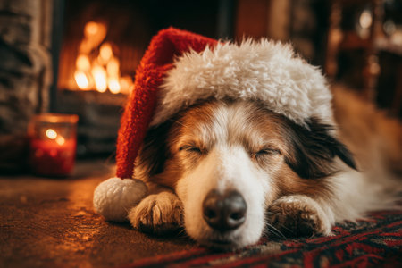 A cozy scene shows a dog wearing a festive Christmas hat, sleeping peacefully in front of a warm fireplace. The atmosphere radiates holiday cheer and comfort.の素材