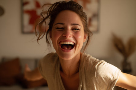 A woman is laughing joyfully in a cozy room filled with warm light. She appears and relaxed happy, expressing a moment of pure bliss. The surrounding decor adds a homey feel.の素材