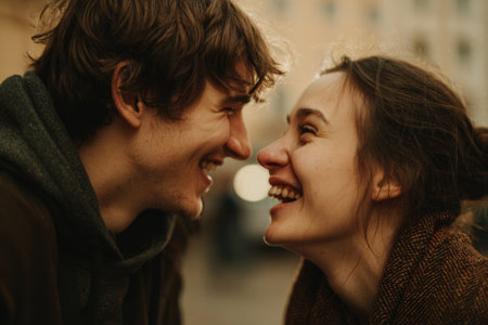 A young couple smiles at each other, enjoying a lighthearted moment in an outdoor setting. Their laughter fills the air as they connect over shared joy and happiness.の素材