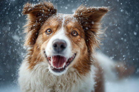 A cheerful dog with brown and white fur enjoys playing in the snow. Snowflakes fall around it, creating a magical winter scene. The dog looks excited and full of life in this snowy environment.の素材
