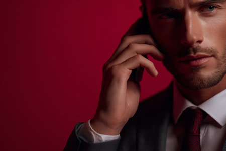 A businessman is engaged in a phone call, showing a serious expression. The background is a striking red, adding intensity to the scene. This is set during a possible nighttime setting.の素材