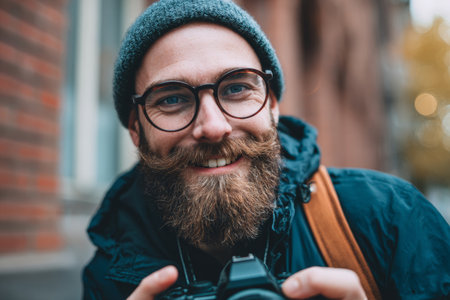 A man with a thick beard and glasses smiles while holding a camera. He is wearing a beanie and a jacket, standing outdoors with autumn leaves in the background.の素材