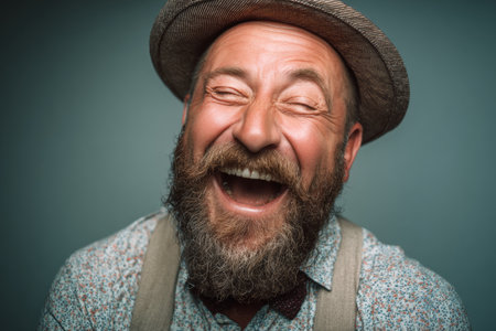 A cheerful man wearing a hat and patterned shirt laughs heartily, showing a big smile and bright eyes. His joy is evident as he poses in front of a simple backdrop.の素材
