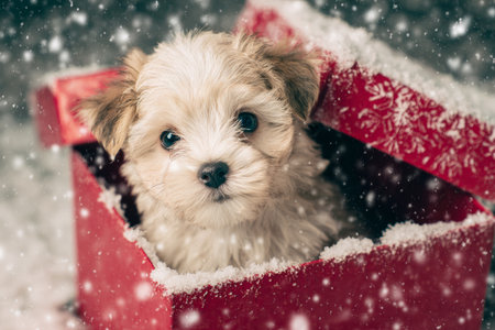 A small, fluffy puppy with light fur sits inside a bright red gift box surrounded by snow. Soft snowflakes gently fall, creating a cozy winter atmosphere.の素材