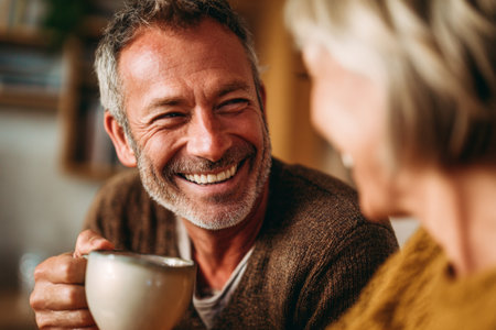 A couple shares a joyful moment while drinking coffee in a cozy, warmly decorated space. Their smiles reflect a deep connection and comfort in each others company.の素材
