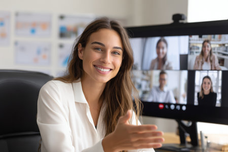 A woman with long hair smiles and gestures during a video call at her desk. Colleagues are seen on a large screen behind her, creating a collaborative atmosphere.の素材