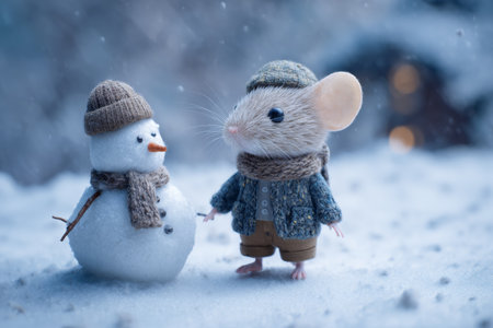 A cute mouse wearing a sweater and hat stands next to a cheerful snowman in a snowy scene. Soft snow falls around them as evening approaches, creating a magical atmosphere.の素材