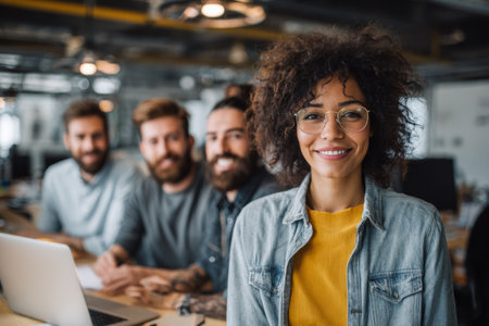 A young woman with curly hair and glasses stands in front, smiling at the camera. Three male colleagues are seated behind her, engaged in collaborative tasks.の素材