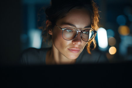 A woman wearing glasses is intently working on her laptop late at night. The soft glow from the screen reflects on her face, highlighting her concentration in the cozy, dimly lit space.の素材