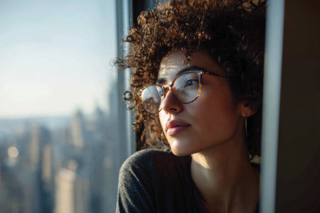 A young woman with curly hair sits by a large window, looking thoughtfully at the city skyline as the sun sets. The warm light creates a serene atmosphere.の素材