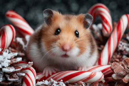A small hamster is surrounded by red and white candy canes and pine cones. Snow-like decoration creates a cozy and festive winter scene full of charm and warmth.の素材