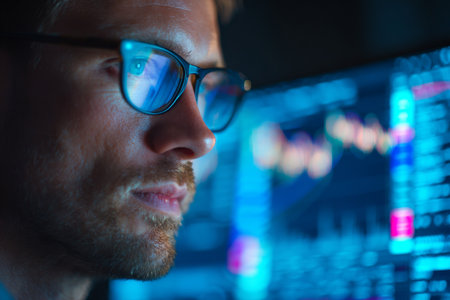 A man wearing glasses intently studies stock market data displayed on a bright computer screen in a dimly lit office. He is focused and engaged in analyzing financial trends.の素材