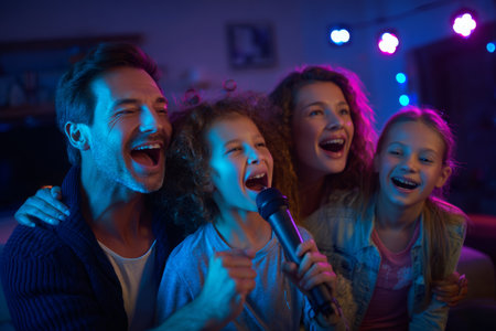 A cheerful family is enjoying singing together at home. They are gathered around a microphone, surrounded by colorful lights, creating a joyful atmosphere.の素材