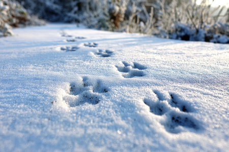 Tracks of an animal are visible in the freshly fallen snow, leading through a serene winter landscape. The scene is tranquil and captivating, showcasing natures beauty.の素材