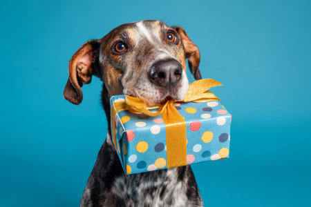 A joyful dog proudly carries a small gift box in its mouth, featuring a vibrant pattern and a yellow ribbon. The backdrop is a striking blue, adding to the cheerful scene.の素材