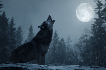 A lone wolf stands on a rocky surface, howling at the bright full moon above. Surrounding trees create a mystical atmosphere in the cool night air.の素材