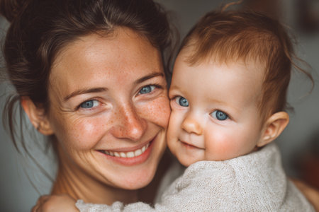 A joyful mother is holding her cheerful baby, both radiating happiness. The baby gazes with bright blue eyes while the mother smiles warmly in a cozy environment.の素材