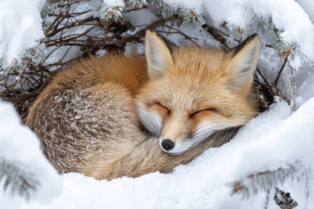 A red fox is peacefully sleeping in a cozy nest made of pine branches among fresh snow. Soft snowflakes decorate its fur, creating a serene winter scene.の素材