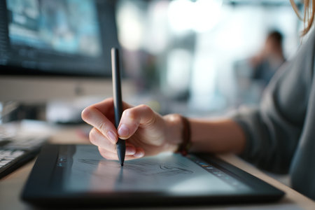 In a bright workspace, a digital artist sketches on a tablet with a stylus. The background shows computers and editing software in use. The atmosphere is productive and focused.の素材