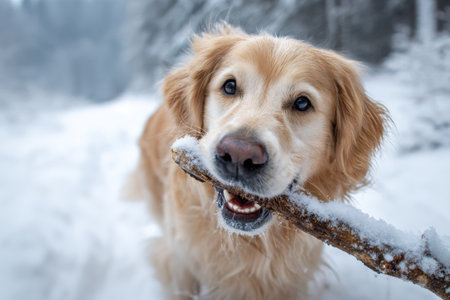 A golden retriever joyfully holds a snow-covered stick in its mouth. The scene captures this playful dog in a serene snowy forest on a winter afternoon, surrounded by frost-covered trees.の素材
