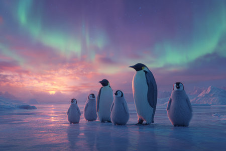 Six penguins gather on icy terrain, looking towards the colorful sky filled with northern lights during twilight. The scene shows their unique silhouettes against the vibrant backdrop.の素材