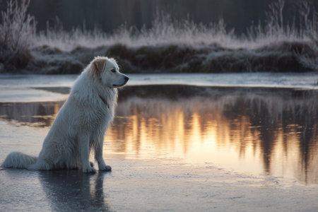 A fluffy white dog sits patiently on the edge of a frozen pond at dawn, surrounded by a frosty landscape and reflecting warm golden tones from the rising sun.の素材
