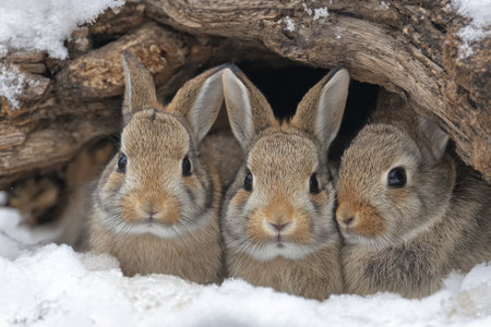 Three adorable rabbits huddle closely together in a cozy den made of wood, surrounded by soft snow in a serene winter woodland. Their fur is fluffy, showing their natural beauty.の素材