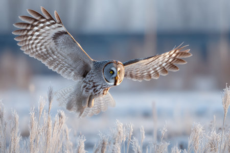 A graceful owl glides above frozen grasses in a tranquil winter scene at dawn. The soft morning light highlights its intricate feathers and keen gaze.の素材