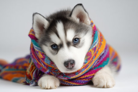A husky puppy with striking blue eyes is wrapped snugly in a vibrant blanket. The puppy appears curious and playful, enjoying the comfort of its cozy setting.の素材