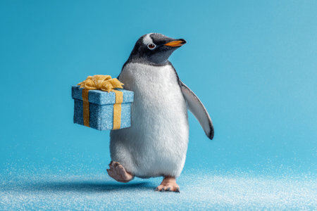 A penguin walks cheerfully while holding a small gift box. The bright blue background and snowy ground create a delightful holiday atmosphere.の素材