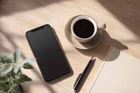 A cozy workspace setup shows a cup of black coffee, a smartphone, a pen, and a notebook on a wooden table. Sunlight casts soft shadows over the items, creating a warm atmosphere.の素材