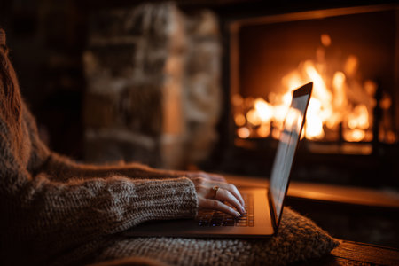 A person is sitting in a soft sweater, typing on a laptop while the glow of a cozy fireplace creates a warm and inviting atmosphere. Perfect for winter evenings.の素材