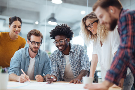 A diverse group of young professionals collaborated around a table in a bright, modern office. They are discussing ideas and taking notes on project plans.の素材