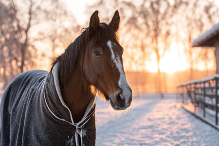 A brown horse wears a winter coat while standing in a snowy area. The sun rises in the background, creating a warm glow against the cold landscape.の素材